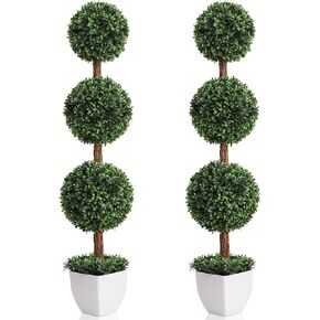 Artificial Topiaries Ball Trees Outdoor, 3.6ft Faux Boxwood Plants Topiary Triple Ball Tree(2 PCS), Fake Shrubs Trees Potted Decorative Indoor Porch or Garden（43inch）