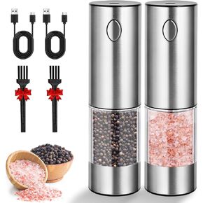 Electric Salt and Pepper Grinder Set, Rechargeable Salt and Pepper Shakers Refillable, Automatic Pepper Mill with Adjustable Coarseness, One Hand Operation with LED light, Stainless Steel