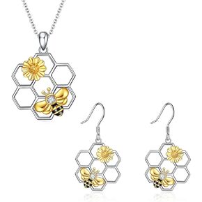 LUHE Bee Necklace and Bee Earrings 925 Sterling Silver Honeycomb Cute Flower Necklaces for Women Christmas Gifts for Her