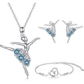AOBOCO Ballerina Jewelry Sterling Silver Ballet Dancer Necklace Earrings and Bracelet Set with Simulated Aquamarine Blue Crystals, Birthday Jewelry Gifts for Girls Women