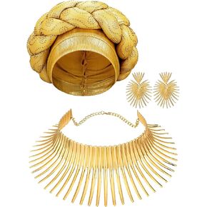Yinkin African Jewelry Set for Women Party Gold Statement Earrings Collar Bib Necklaces African Turban Head Wrap for Theme Party