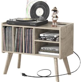 Forevich Record Player Stand Table with Vinyl Storage Holder Large Turntable Record Stand with Power Outlet Holds Up to 220 Albums Display Shelf Cabinet with Wood Legs for Living Room Black
