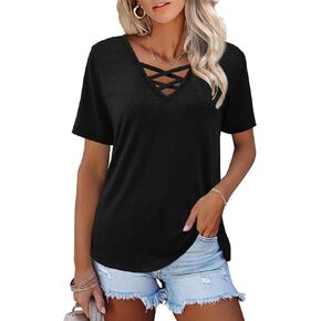 Womens Tops Short Sleeve V Neck Shirts Loose Casual Blouses Summer Tees Criss Cross