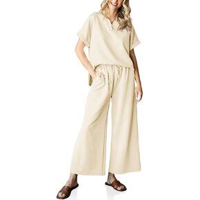 Imily Bela Womens 2 Piece Outfits Sweatsuits Short Sleeve V neck Tops Wide Leg Pants Tracksuits Casual Summer Matching Sets