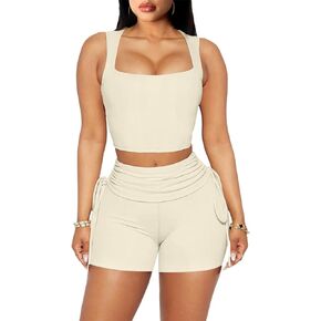 Two Piece Sets for Women Summer Sleeveless Square Neck Drawstring Ruched Active Wear Sets Workout Sets Tracksuit