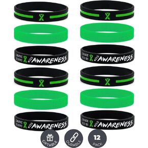 Inkstone Green Awareness Ribbon Bracelets, Variety Pack - Wholesale Pack of 12 Silicone Rubber Wristbands to Symbolize Hope, Courage, Strength, and Support - Unisex for Men Women