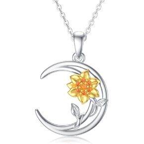 10K 14K 18K Gold Sunflower Necklaces for Women Solid Gold Two Tone Sunflower Moon Pendant Necklace Sunflower Jewelry Mothers Day Gifts for Mom Wife Girlfriend Her 16"+2"