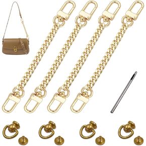 4 Pieces Purse Chain Strap and 4 pcs Studs Rivets D Ring, findTop 7.9 Inch Flat Purse Strap Extender with Brass Ball Studs Rivets D Ring for Purse Handbags Shoulder Bag