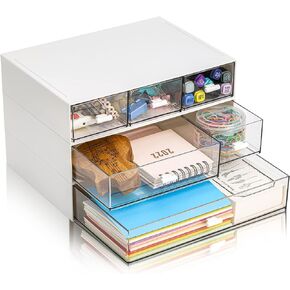 3 Tier Desk Organizer with Drawer, Stackable Desktop Storage Box, Clear Plastic Office Supplies Jewelry Storage Case, Makeup and Stationary Organizer for Cosmetic, School Supply