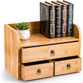 Nicunom Bamboo Desk Organizer, 3-Tier Bamboo Tabletop Storage Organization Multifunctional Desktop Organizer with Drawers for Home Office Toiletries Supplies Vanity in Kuwait