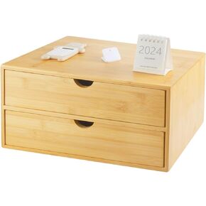 Bamboo Desk Organizer with Drawers, Countertop Organizer with Drawers Makeup Storage Drawer 2 Drawers Tabletop Storage Organization Box Home Office Workspace Bathroom Toiletries Supplies