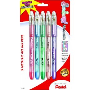 Pentel Sunburst Metallic Gel Pen, Medium Line, Permanent, Assorted Ink, 5 Pack (K908MBP5M1)