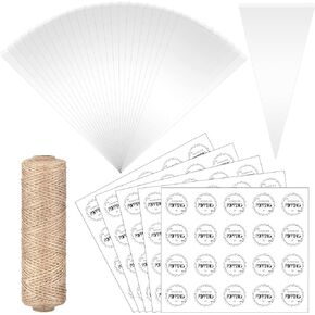 100 Sets of Clear Popcorn Favor Bags with Stickers and Natural Twine, 7.09 x 14.57 Inch Clear Goodie Bag Thanks for Popping by Stickers 328 ft Packing String for Crafts Gift
