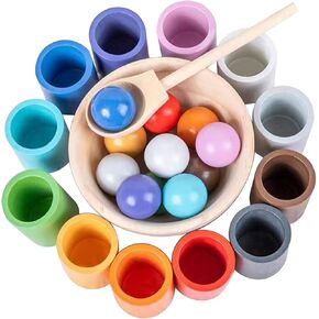 Rainbow Balls in Cups Toddler Montessori Toys for 1 Year Old Up, Kids Preschool Wooden Matching Games for Learning Color Sorting and Counting
