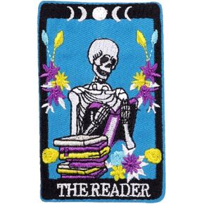 The Reader Skeleton Books Tarot Card Fortune Telling 3.6" Iron On Embroidered Thermoadhesive Patch for Clothing