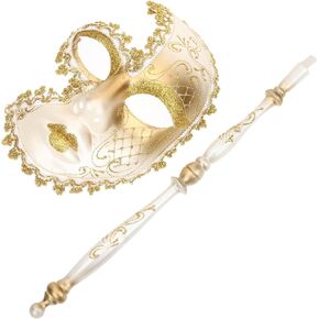 LUOZZY Masquerade Mask with Holding Stick Carnival Mardi Gras Mask for Stage Performance Fancy Dress Dancing Mask, Gold