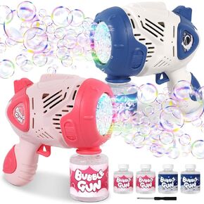 Roberly 2 Pack Bubble Gun Machine - 20 ثقبًا من مسدسات الفقاعات للأطفال الذين تتراوح أعمارهم بين 4 و 8 سنوات مع 4 زجاجات لإعادة ملء محلول LED، ومكبر الفقاعات في الهواء الطلق هدايا هدايا الزفاف وحفلات أعياد الميلاد وحفلات عيد الميلاد
