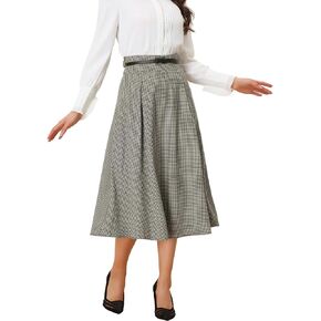Allegra K Women's Winter Fall Homecoming Vintage A-Line Elastic High Waist Swing Plaid Midi Skirt with Belt