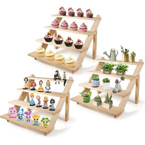 3PCS Wooden Cupcake Dispaly Stands, 6 Tiered Vendors Retail Display Shelves, Wood Table Display Riser for Food , Dessert, Collectibles, Pop Figures, Craft Show, Perfume