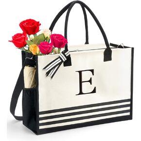 Initial Canvas Tote Bags, Personalized Monogrammed Graduation Birthday Gifts for Women Teachers Beach Tote Bags