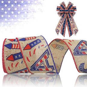 4th of July Ribbons for Crafting, 2.5" ×10 Yard Patriotic Wired Edge Ribbon Natural Burlap Ribbons Bows Independence Day American Craft Ribbons for Gift Wrapping Memorial Day Decorations