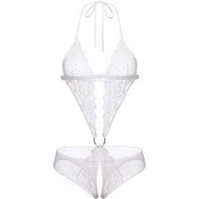 ADOME Womens Deep V Halter Sexy Lingerie Teddy Bodysuit