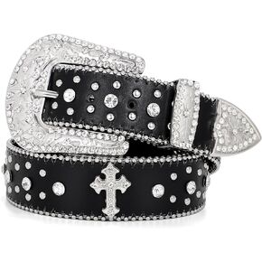 Rhinestone Belt for Men Women, Western Cowboy Cowgirl Belts Bling Leather Belt With Cross and Diamond for Jeans