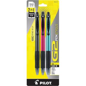PILOT G2 Pen Stylus, Fine Point, Grey/Red/Turquoise Barrels, Black Ink, 8 Count Box (17210)