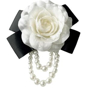 Camellia Flower Brooches Pins Pearl Brooches for Women,Floral Brooches Shawl Clips Pins Flower Hair Clips for Girls,White Silk Flower Bow Tie Brooches