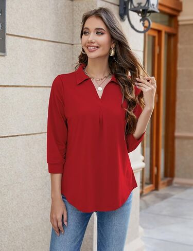 Bluetime Womens Tops Dressy Casual V Neck 3/4 Sleeve Work Shirts Business Office Blouses Loose Fit Tunic Tops (M-3XL) in Saudi Arabia