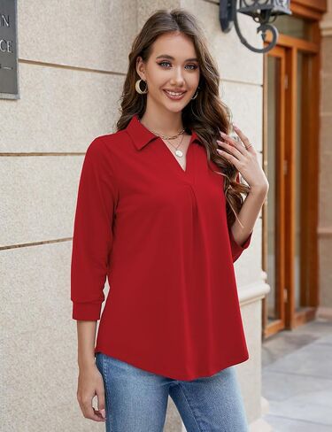 Bluetime Womens Tops Dressy Casual V Neck 3/4 Sleeve Work Shirts Business Office Blouses Loose Fit Tunic Tops (M-3XL) in Saudi Arabia