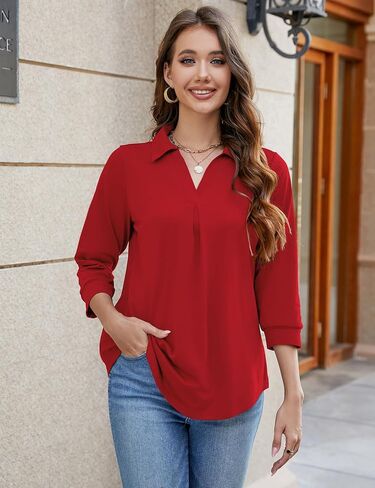Bluetime Womens Tops Dressy Casual V Neck 3/4 Sleeve Work Shirts Business Office Blouses Loose Fit Tunic Tops (M-3XL) in Saudi Arabia