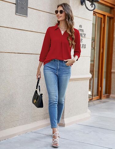 Bluetime Womens Tops Dressy Casual V Neck 3/4 Sleeve Work Shirts Business Office Blouses Loose Fit Tunic Tops (M-3XL) in Saudi Arabia
