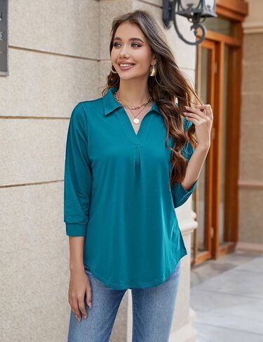 Bluetime Womens Tops Dressy Casual V Neck 3/4 Sleeve Work Shirts Business Office Blouses Loose Fit Tunic Tops (M-3XL) in Saudi Arabia