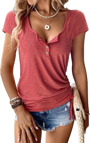 Women's T Shirts Short Sleeve V Neck Tops, T Shirts for Women, 2024 Summer Tops Trendy Loose Soft Casual Basic Henley Tee in Saudi Arabia