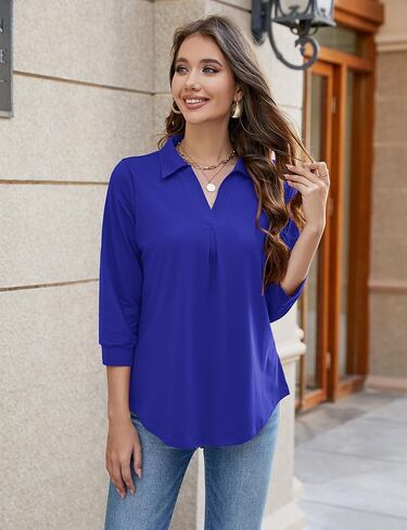 قمصان عمل نسائية من Bluetime كاجوال برقبة على شكل حرف V وأكمام 3/4، بلوزات عمل مكتبية، بلوزات فضفاضة مناسبة (M-3XL) in Kuwait