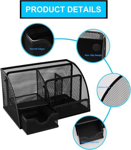 منظم مكتب، لوازم مكتبية، ملحقات تنظيم المكتب، مجموعة منظمات حامل القلم، علبة تخزين شبكية متعددة الوظائف مع 6 مقصورات + درج واحد لمستلزمات المكتب والمدرسة والمنزل in Kuwait