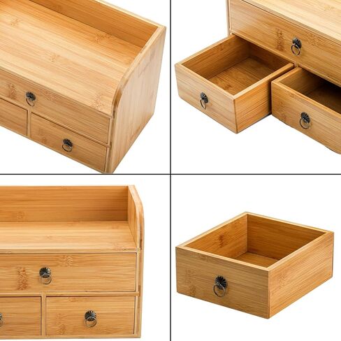 Nicunom Bamboo Desk Organizer, 3-Tier Bamboo Tabletop Storage Organization Multifunctional Desktop Organizer with Drawers for Home Office Toiletries Supplies Vanity in Kuwait