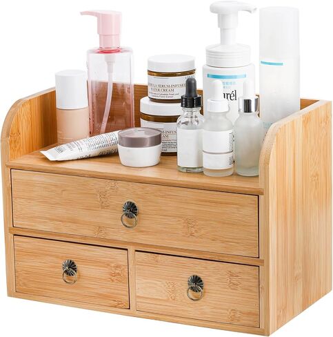 Nicunom Bamboo Desk Organizer, 3-Tier Bamboo Tabletop Storage Organization Multifunctional Desktop Organizer with Drawers for Home Office Toiletries Supplies Vanity in Kuwait