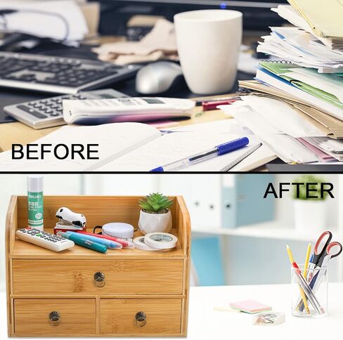 Nicunom Bamboo Desk Organizer, 3-Tier Bamboo Tabletop Storage Organization Multifunctional Desktop Organizer with Drawers for Home Office Toiletries Supplies Vanity in Kuwait