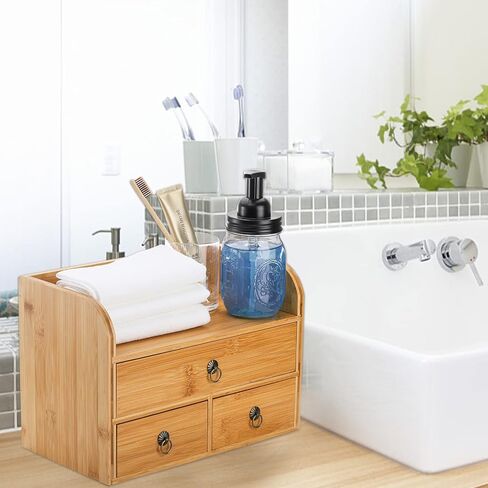 Nicunom Bamboo Desk Organizer, 3-Tier Bamboo Tabletop Storage Organization Multifunctional Desktop Organizer with Drawers for Home Office Toiletries Supplies Vanity in Kuwait