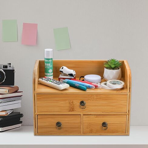 Nicunom Bamboo Desk Organizer, 3-Tier Bamboo Tabletop Storage Organization Multifunctional Desktop Organizer with Drawers for Home Office Toiletries Supplies Vanity in Kuwait