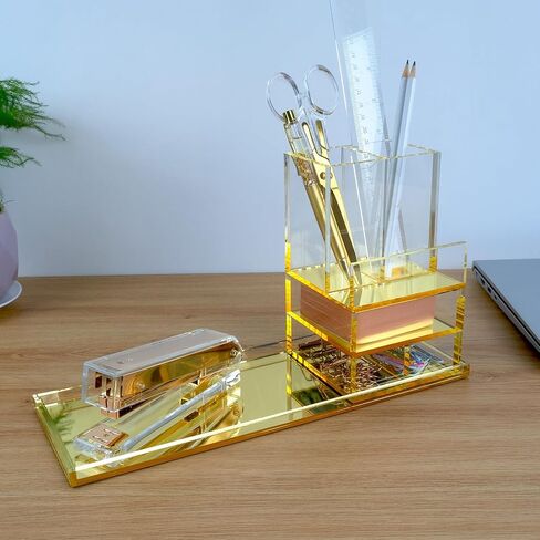 Acrylic Desk Organizer 4-Piece Desk Kit + Free Complimentary Acrylic Ruler, Desktop Organization for Office or Home (Gold) in Saudi Arabia
