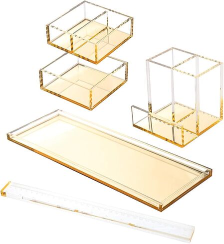 Acrylic Desk Organizer 4-Piece Desk Kit + Free Complimentary Acrylic Ruler, Desktop Organization for Office or Home (Gold) in Saudi Arabia