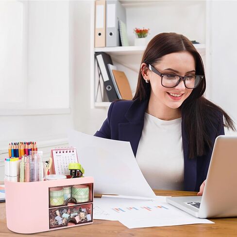 منظم مكتب مع درج، منظم أقلام للمكتب، حامل أقلام صغير، منظمات مكتبية وإكسسوارات لتخزين المنزل والمكتب (درجين + 4 مقصورات، وردي) in Kuwait