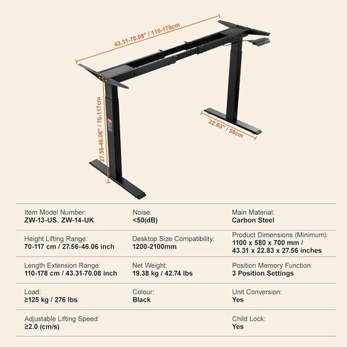 VEVOR Dual Motor Electric Adjustable Standing Desk Frame Computer Desk Legs for Home and Office (Black Frame Only) in Saudi Arabia
