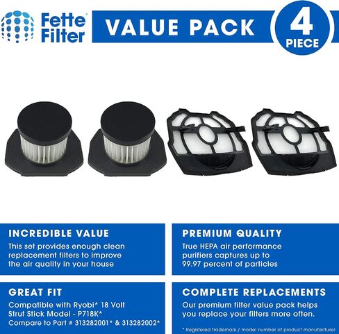 Fette Filter - Premium Hepa Vacuum Filter Set Compatible with RYOBI 18V ONE+ Brushless Cordless Compact Stick Vacuum Model P724 P724B (only these models) Compare to Part Number # 206700006 (4 QTY) in Kuwait