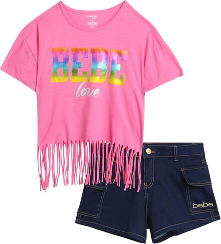 bebe Girls' Shorts Set - 2 Piece Casual Finge T-Shirt and Denim Cargo Shorts - Summer Graphic Top and Shorts Outfit Set, 7-12 in Saudi Arabia