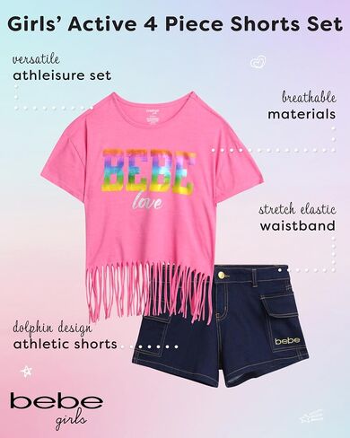 bebe Girls' Shorts Set - 2 Piece Casual Finge T-Shirt and Denim Cargo Shorts - Summer Graphic Top and Shorts Outfit Set, 7-12 in Saudi Arabia