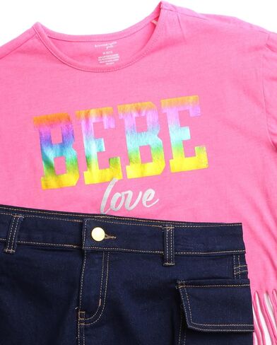 bebe Girls' Shorts Set - 2 Piece Casual Finge T-Shirt and Denim Cargo Shorts - Summer Graphic Top and Shorts Outfit Set, 7-12 in Saudi Arabia